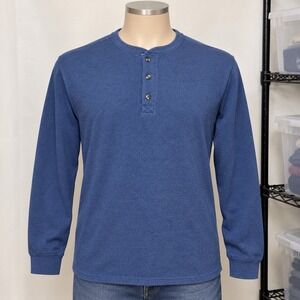 Member's Mark Thermal Henley Mens L Blue Gorpcore Cotton Blend Waffle Boho Warm